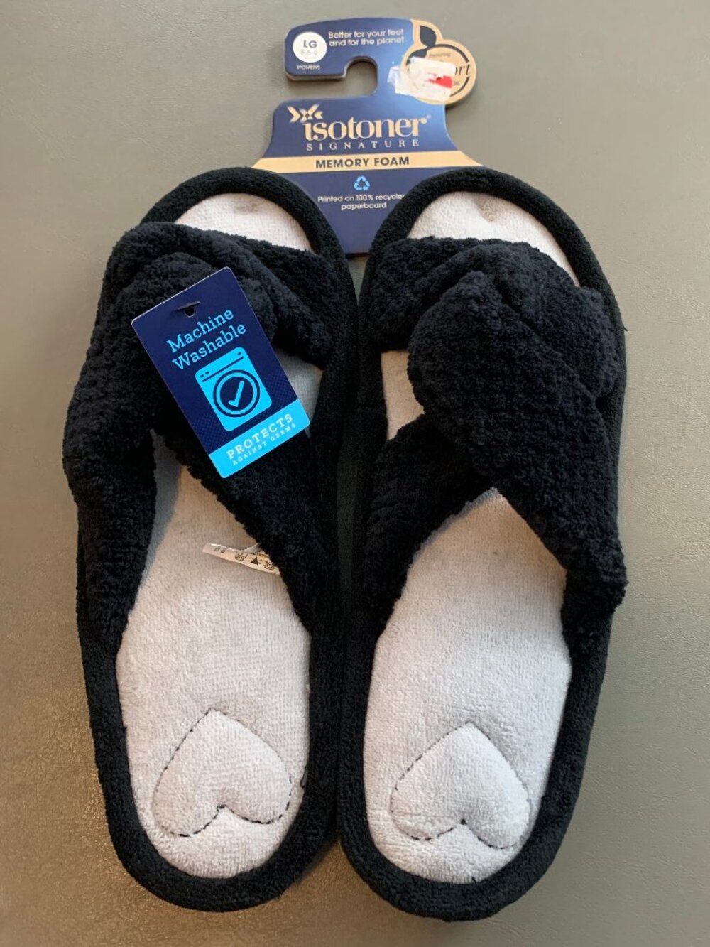 Isotoner Signature Popcorn ECO Microterry Slide Slippers With Memory Foam, Black